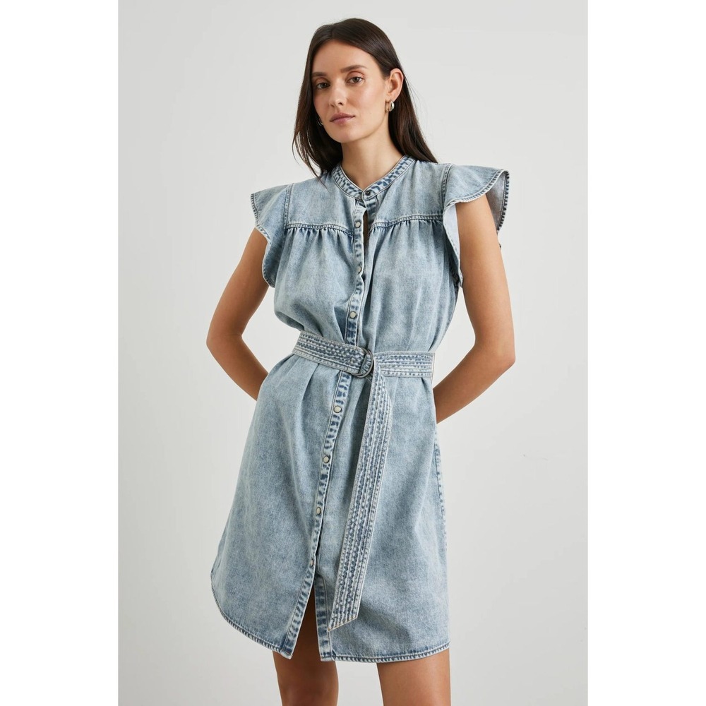 Rails Letta Mini Dress Flutter Sleeve Faded Indigo Blue Denim Cotton Size Large
